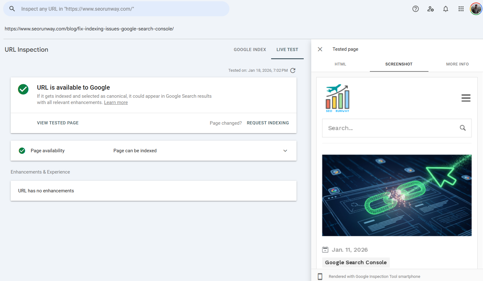 rendered page screenshot in URL live test