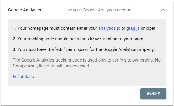 Google Analytics verification in Search Console