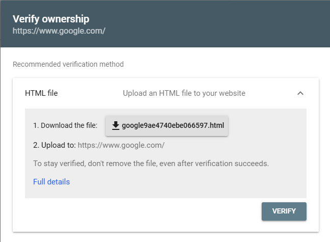 HTML file upload verification in Google Search Console