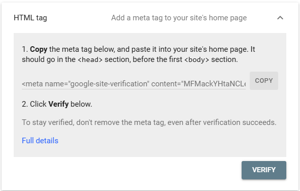 HTML meta tag verification in Google Search Console